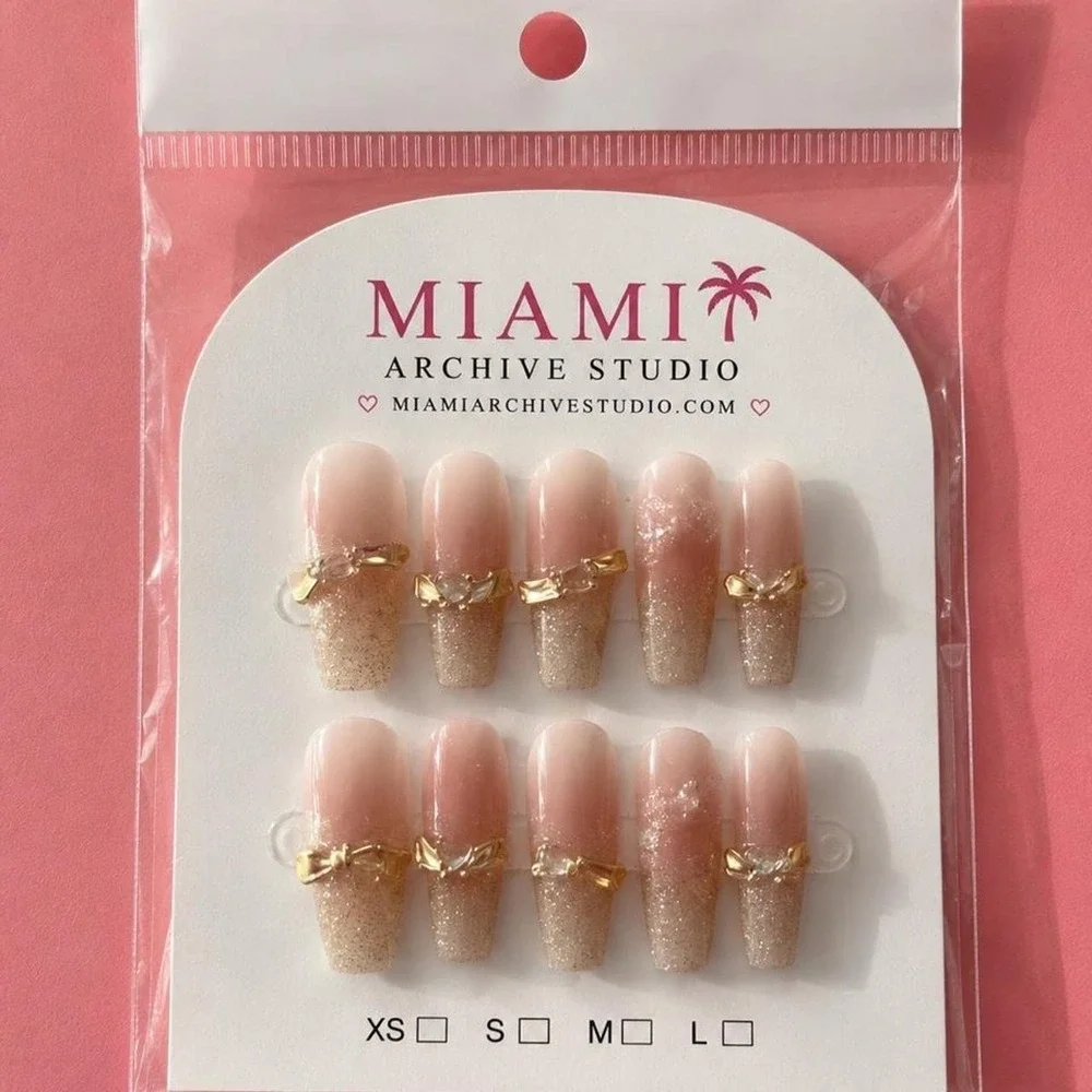 Handmade Nude Glitter Bow Press-On Nails | Gold Coquette French Tips